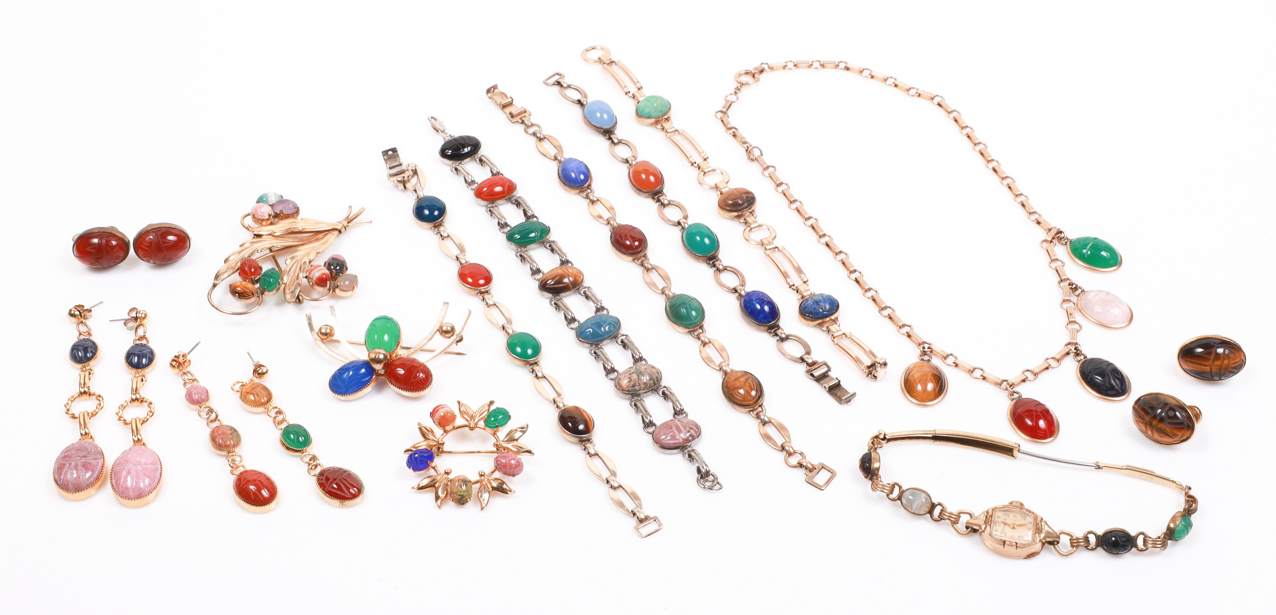 (14) Scarab bracelets, earrings,