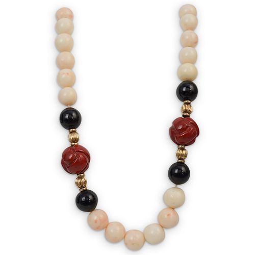 14K ANGEL SKIN CORAL AND ONYX