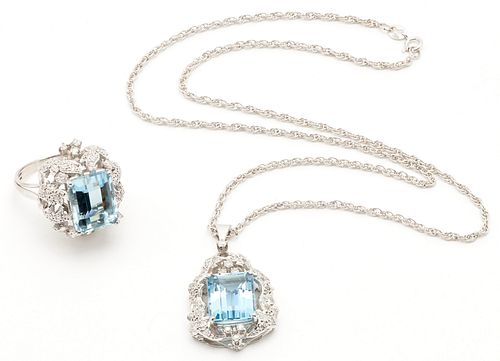 14K AQUAMARINE & DIAMOND NECKLACE