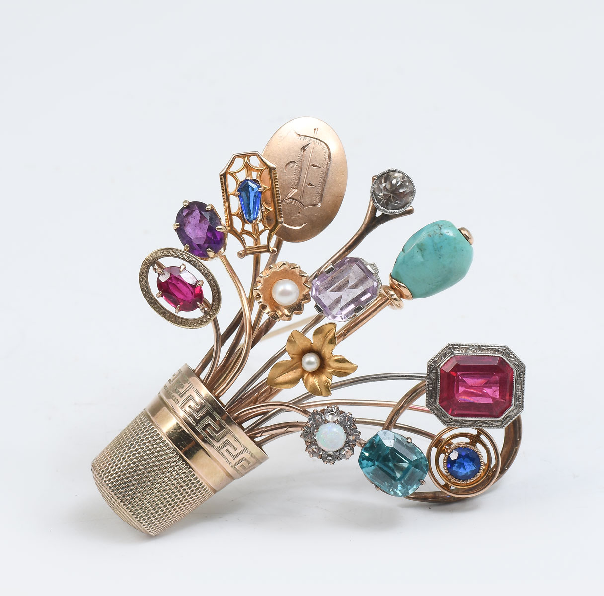 14K BASKET OF FLOWERS BROOCH WITH