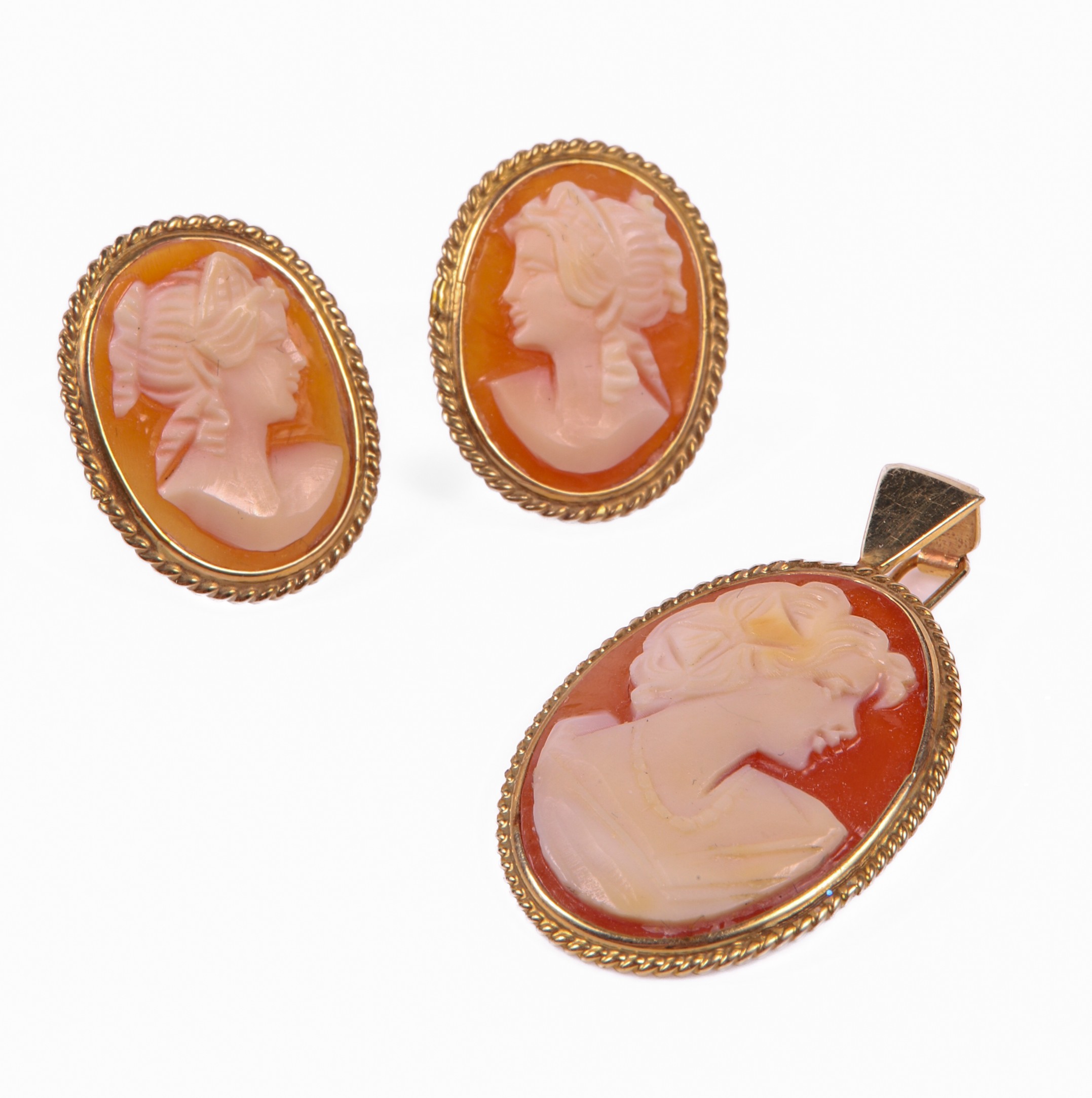14K Cameo pendant and earrings,