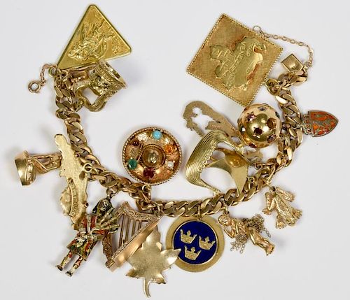 14K CHARM BRACELET, 88.2 GRAMS,