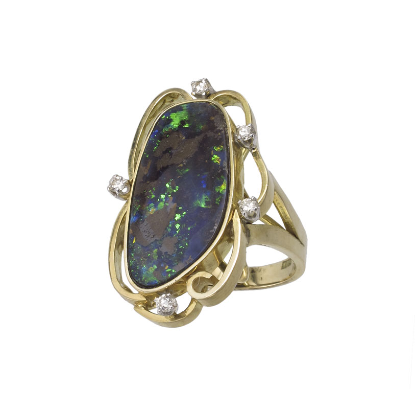 14K DIAMOND & BOULDER OPAL RING: