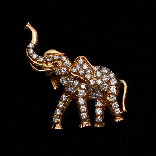 14K DIAMOND ELEPHANT BROOCH WITH