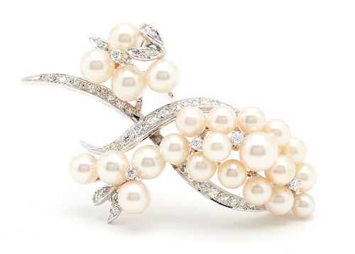 14K DIAMOND & PEARL BROOCHLadies