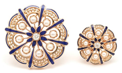 14K DIAMOND, PEARL, & ENAMEL BROOCH