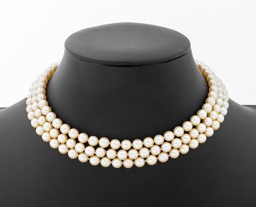 14K DIAMOND PEARL TRIPLE STRAND