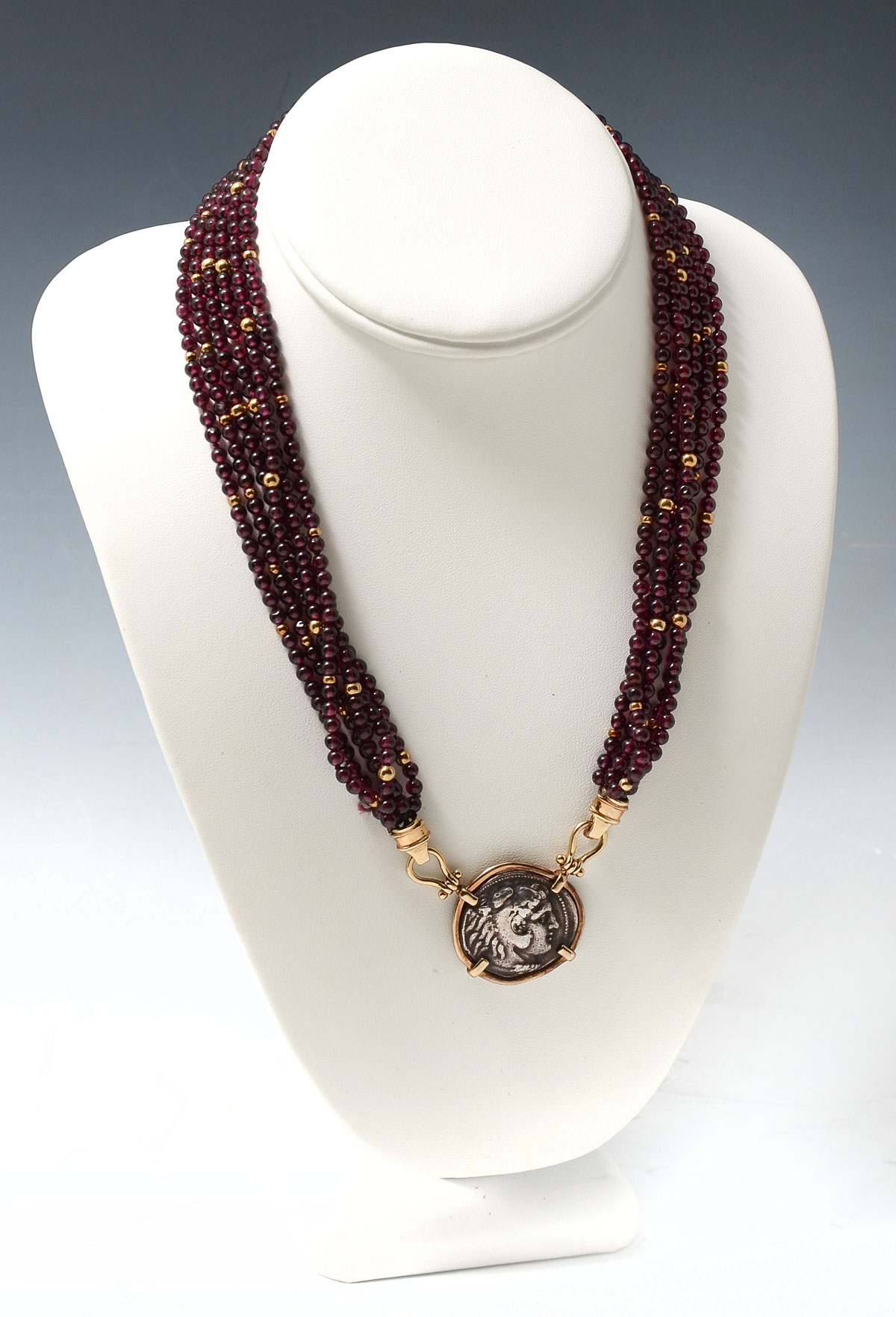 14K & GARNET BEAD ROMAN COIN