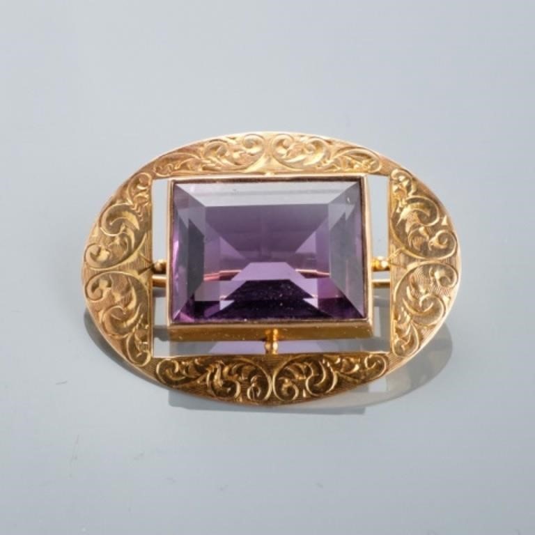14K GOLD AMETHYST BROOCHA finely