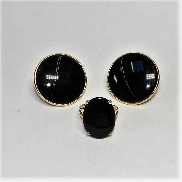 14K GOLD AND ONYX EARRING & RING