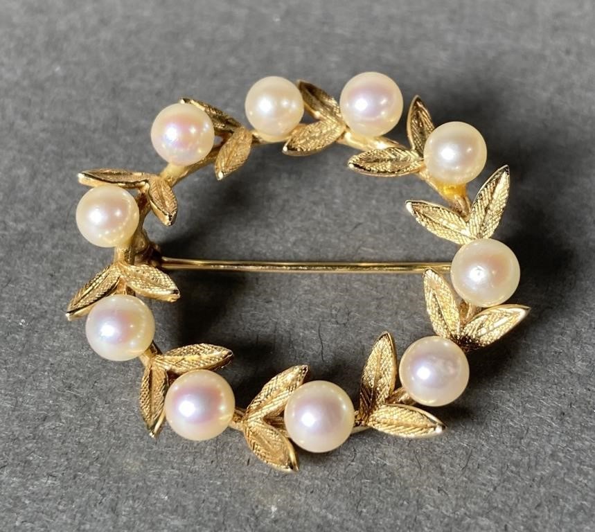 14K GOLD AND PEARL WREATH BROOCH