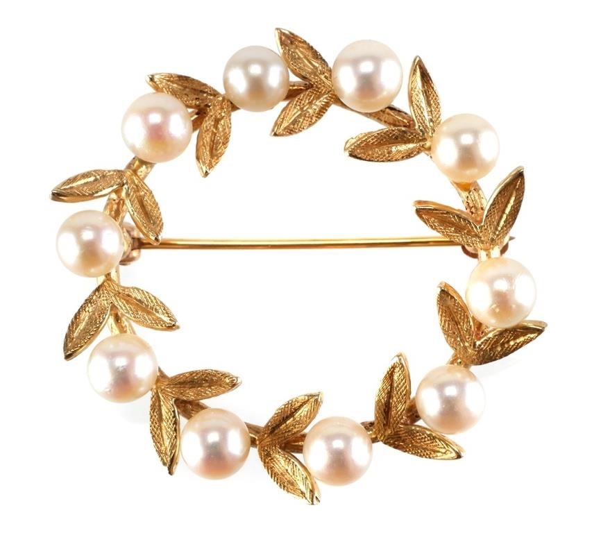 14K GOLD AND PEARL WREATH BROOCH
