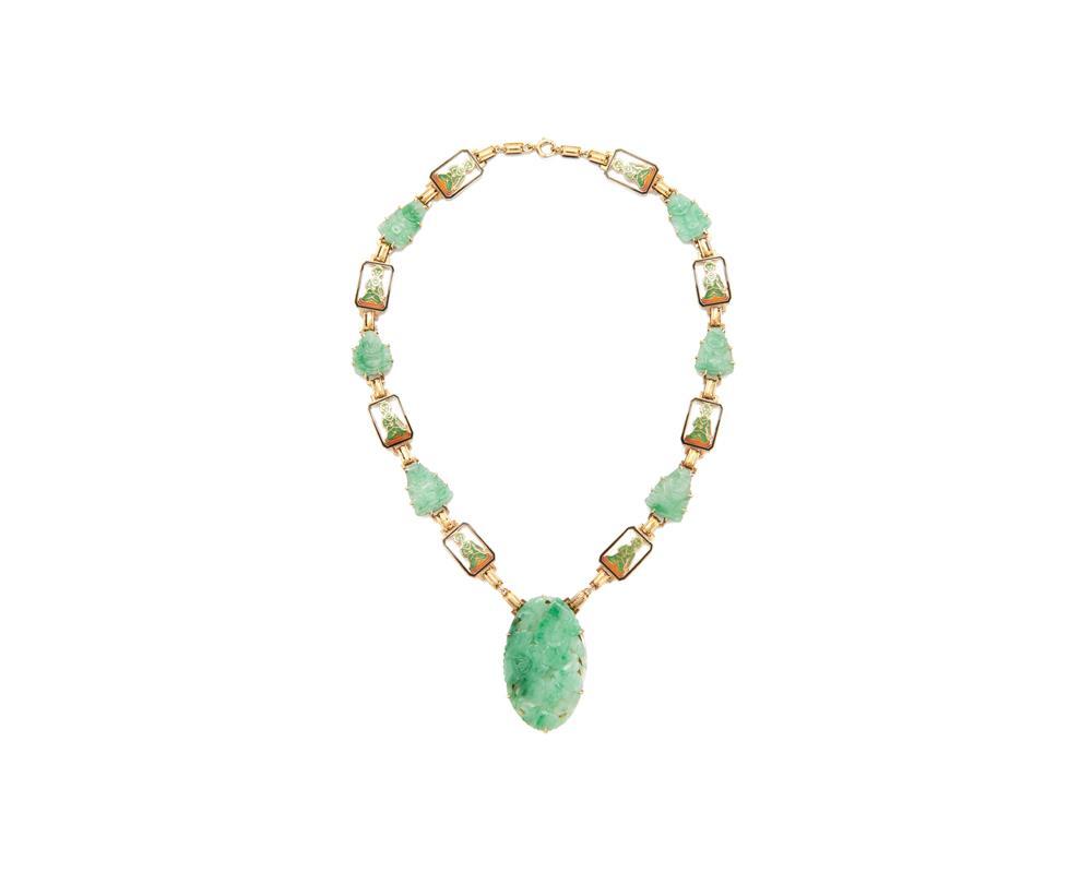14K GOLD, CARVED JADEITE, AND