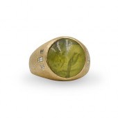 14K GOLD, CATS EYE AND DIAMOND