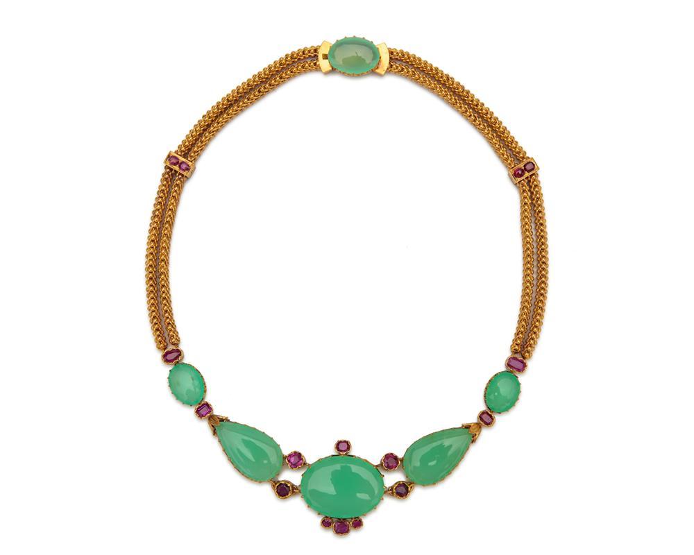14K GOLD, CHALCEDONY, AND RUBY