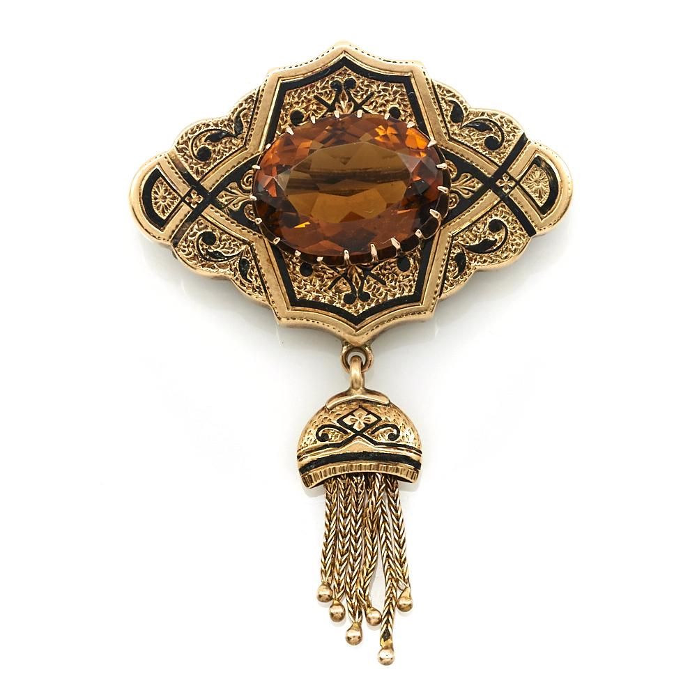 14K GOLD, CITRINE & ENAMEL ENGRAVED
