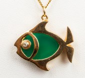 14K GOLD, DIAMOND & AGATE FISH