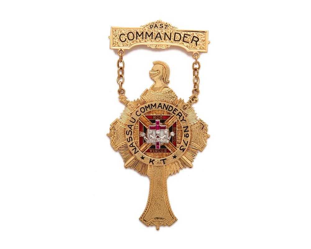 14K GOLD, DIAMOND, RUBY, AND ENAMEL