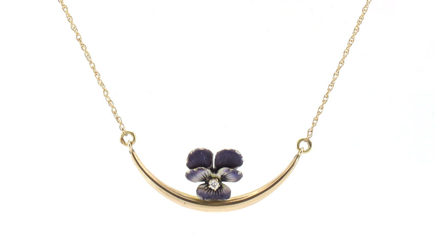 14K GOLD ENAMEL PANSY NECKLACE: 14K