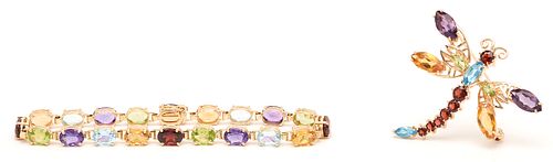 14K GOLD & GEMSTONE BROOCH &