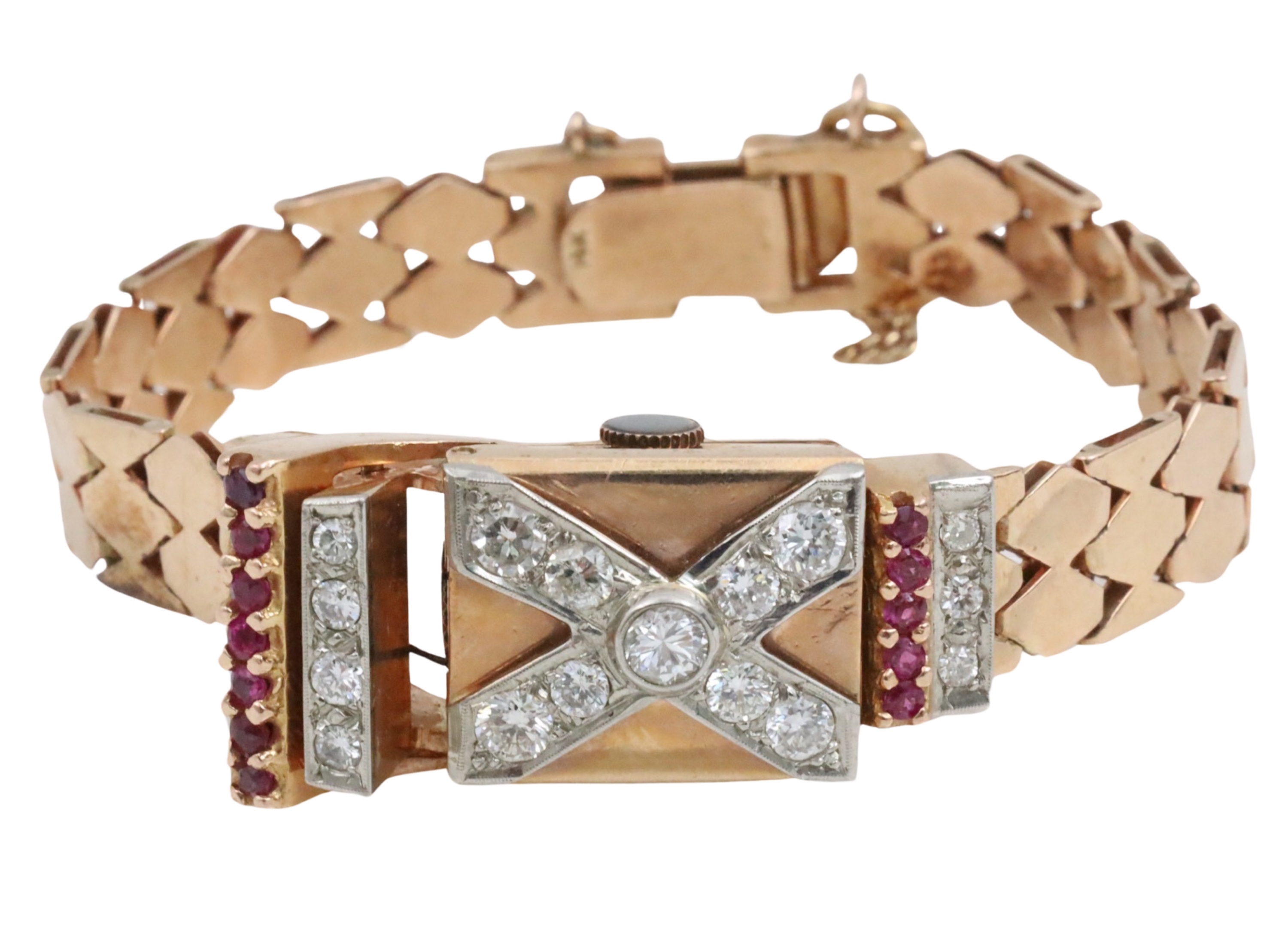 14K GOLD LADIES WATCH W/DIA. & RUBY