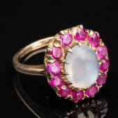 14K GOLD MOONSTONE AND RUBY RI