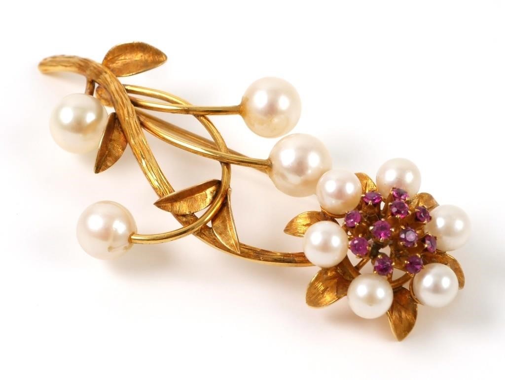 14K GOLD PEARLS & RUBIES BROOCH,
