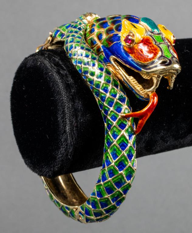 14K GOLD RUBY & ENAMEL SNAKE BANGLE