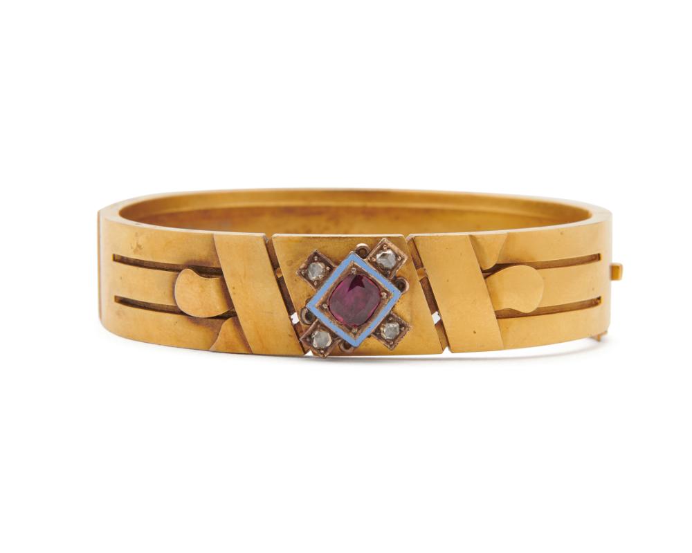 14K GOLD, RUBY, ENAMEL, AND DIAMOND