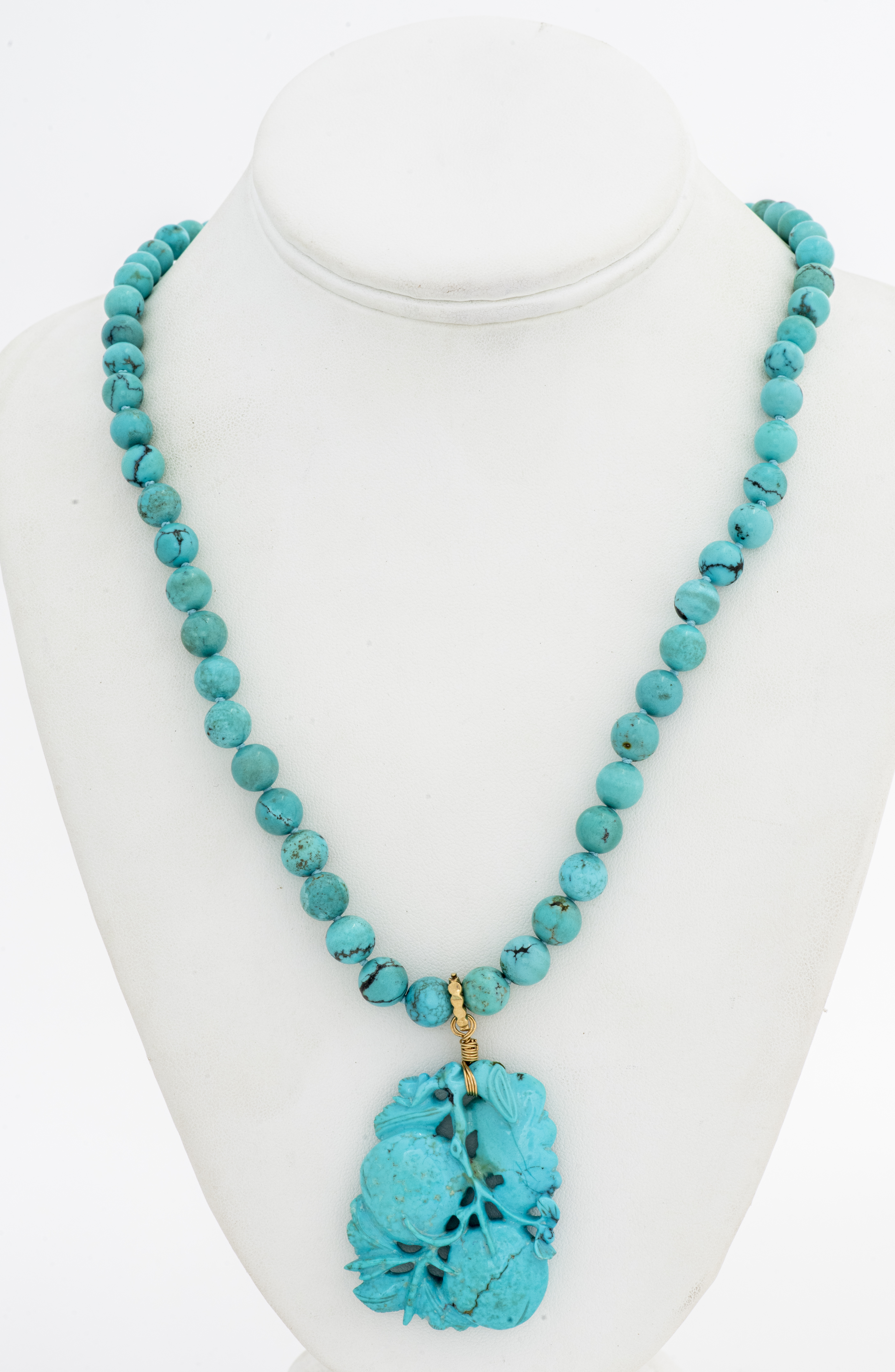 14K GOLD /SILVER CARVED TURQUOISE