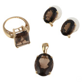 14K GOLD SMOKY TOPAZ RING, EAR