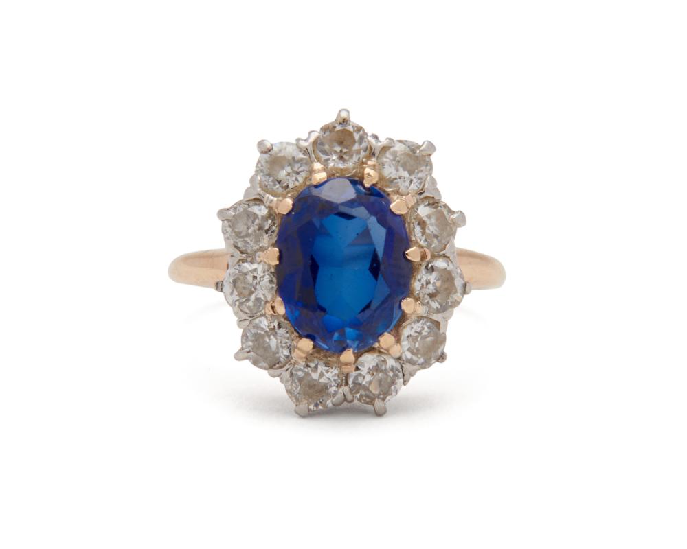 14K GOLD, SYNTHETIC SAPPHIRE, AND