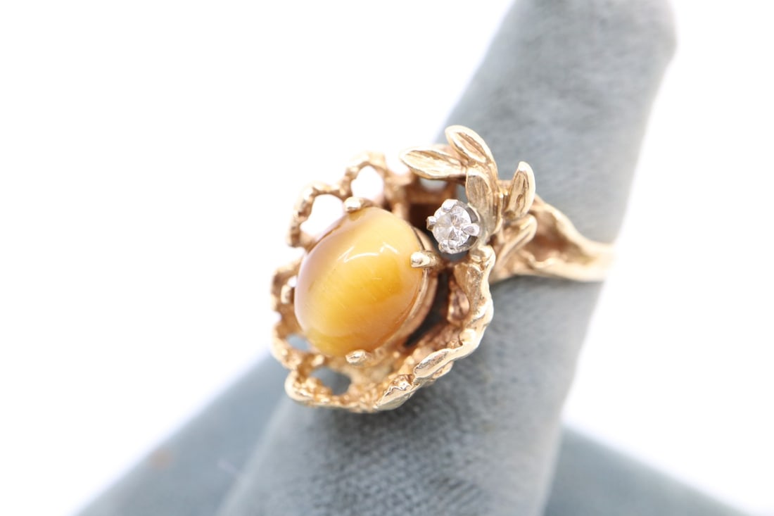 14K GOLDEN TIGER EYE W/DIAMOND PEAR