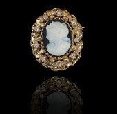14K HARDSTONE CAMEO AND DIAMON