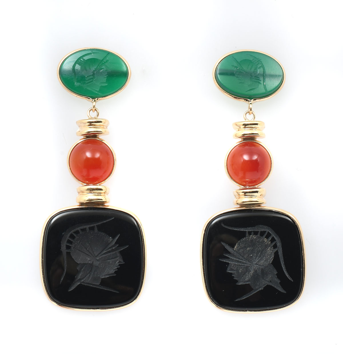 14K ONYX, CHALCEDONY & CARNELIAN