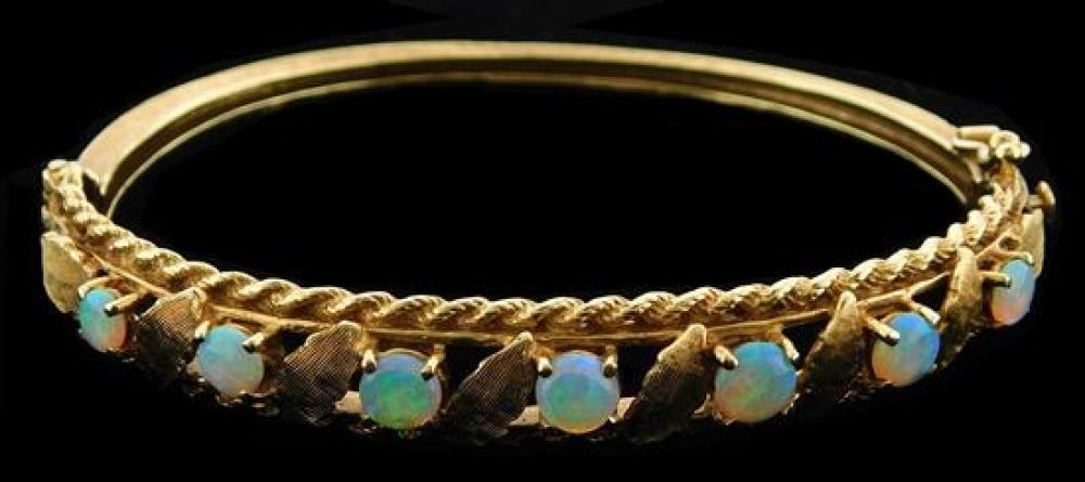 14K OPAL BANGLE BRACELET, HINGED