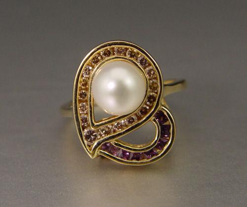 14K PEARL, DIAMOND AND TOURMALINE