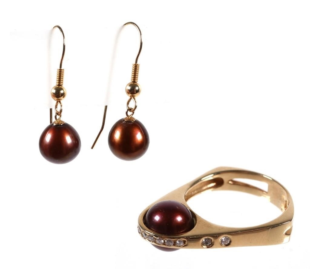 14K RED PEARL DIAMOND RING AND