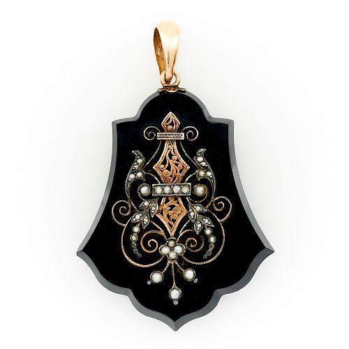 14K ROSE GOLD, ONYX & SEED PEARL