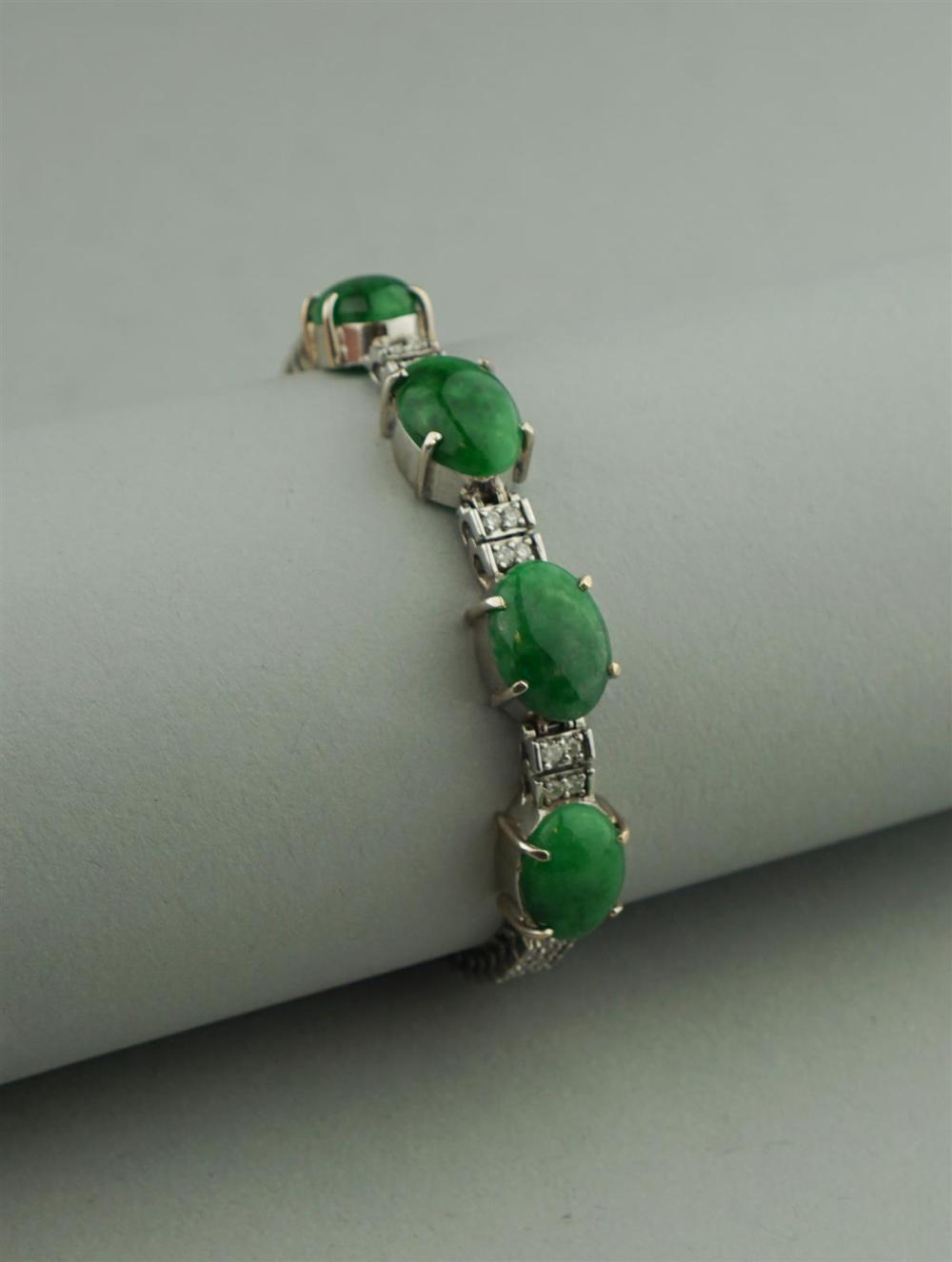 14K WHITE GOLD, JADE AND DIAMOND