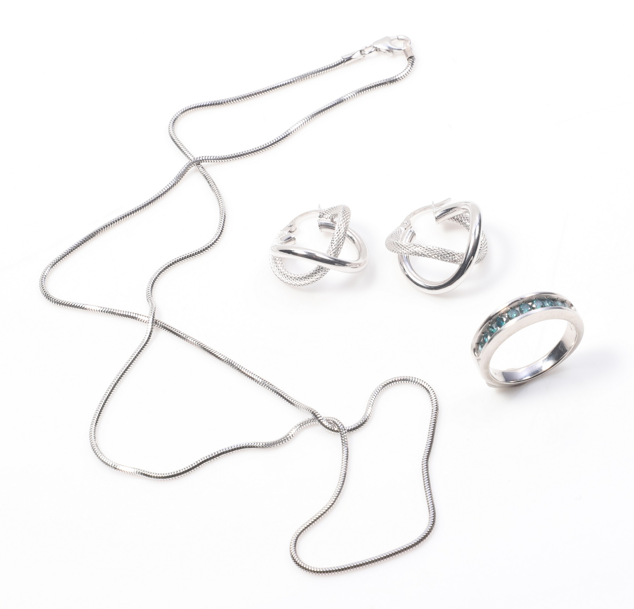 14K white gold necklace, earrings