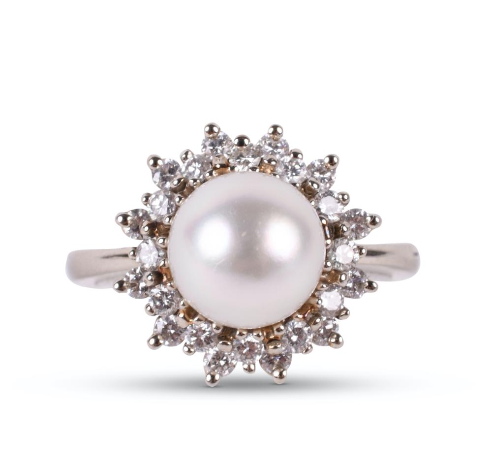 14K WHITE GOLD PEARL AND DIAMOND