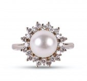 14K WHITE GOLD PEARL AND DIAMO
