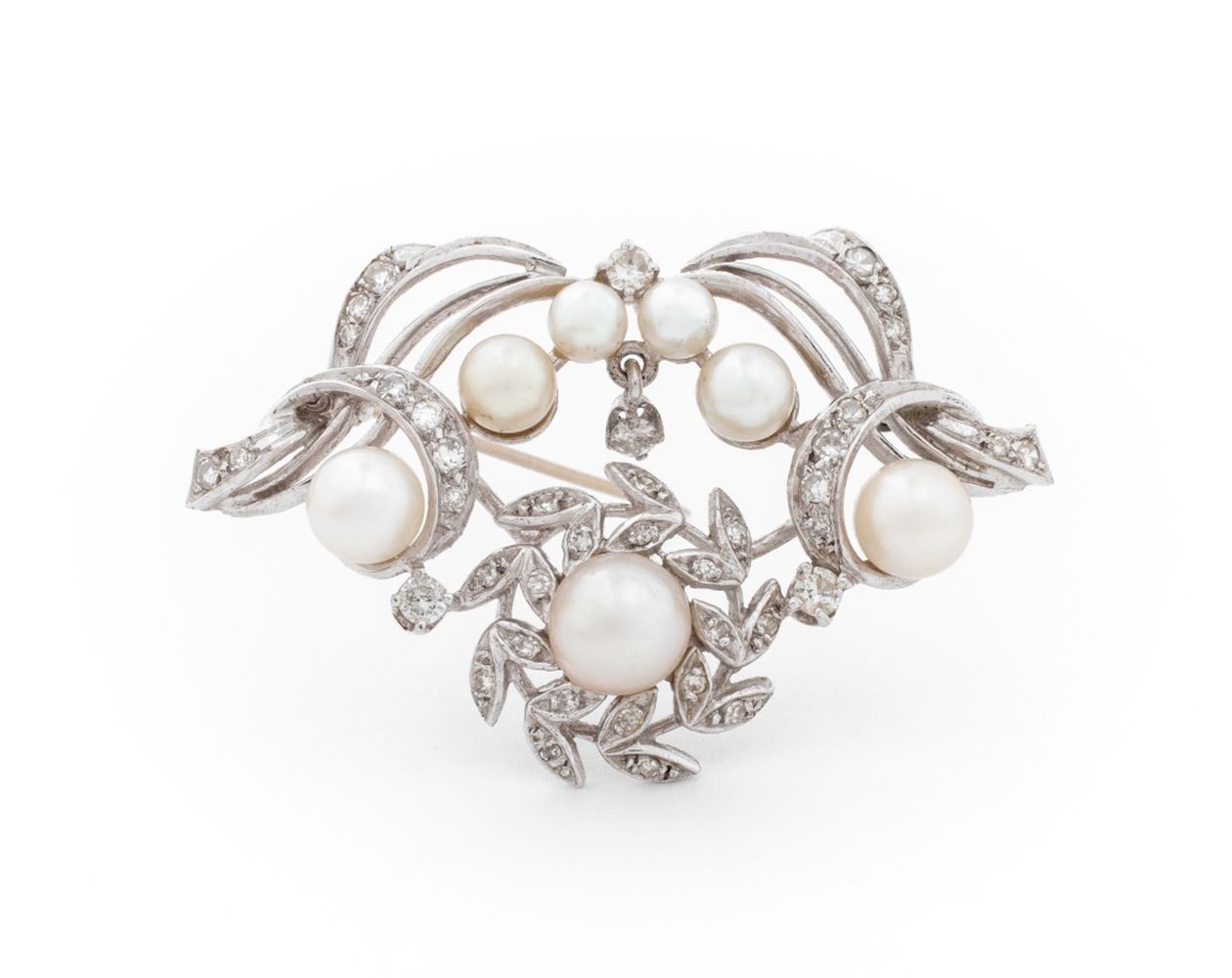 14K WHITE GOLD PEARL DIAMOND BROOCH