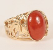 14K yellow gold and red jade r