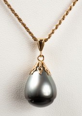14K YELLOW GOLD GREY BAROQUE P