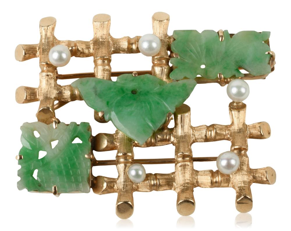 14K YELLOW GOLD JADEITE AND PEARL