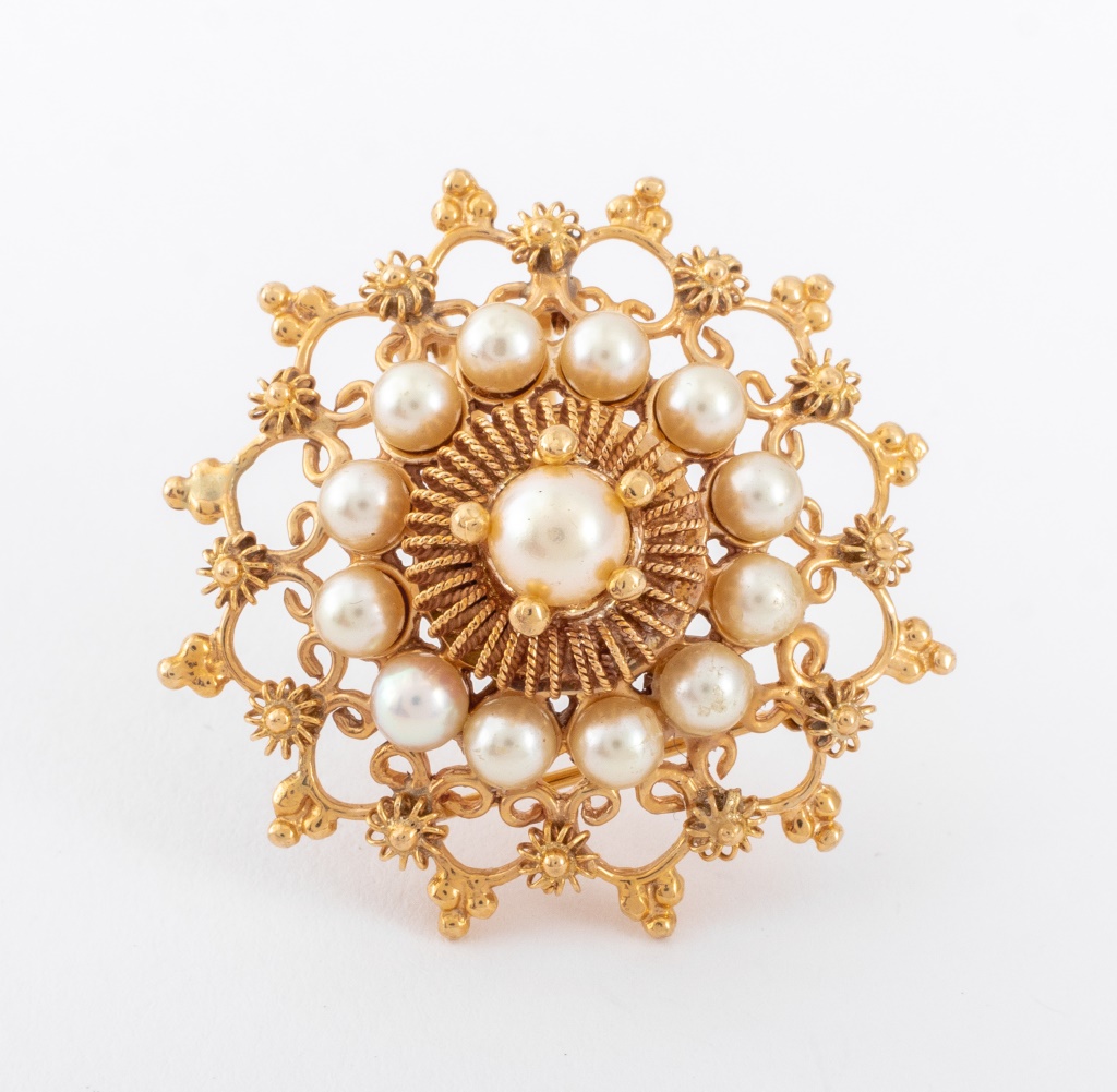 14K YELLOW GOLD PEARL PIN /