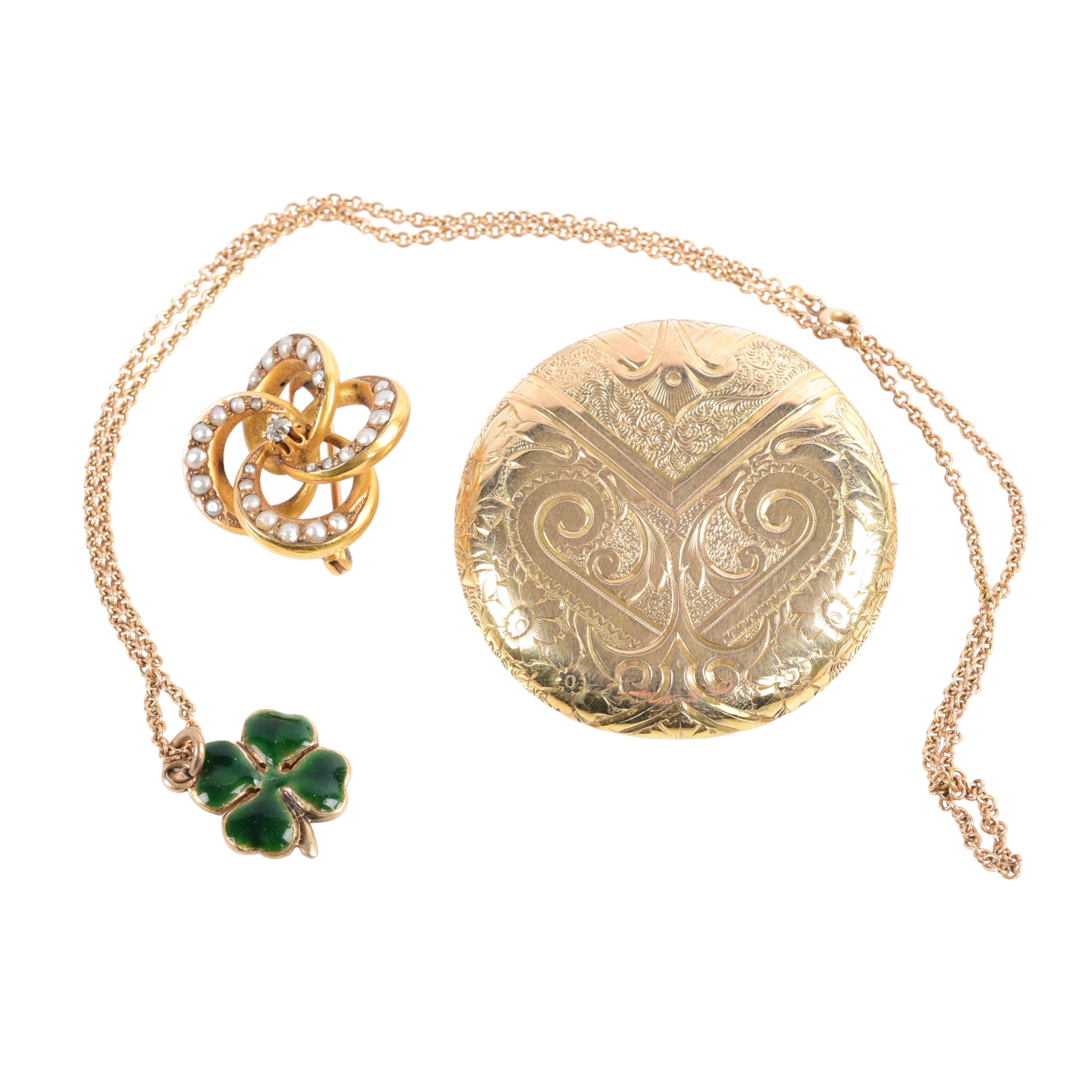 14K yellow gold pins and necklace