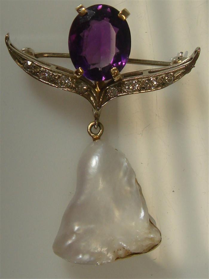 14K yg Amethyst, Baroque Pearl